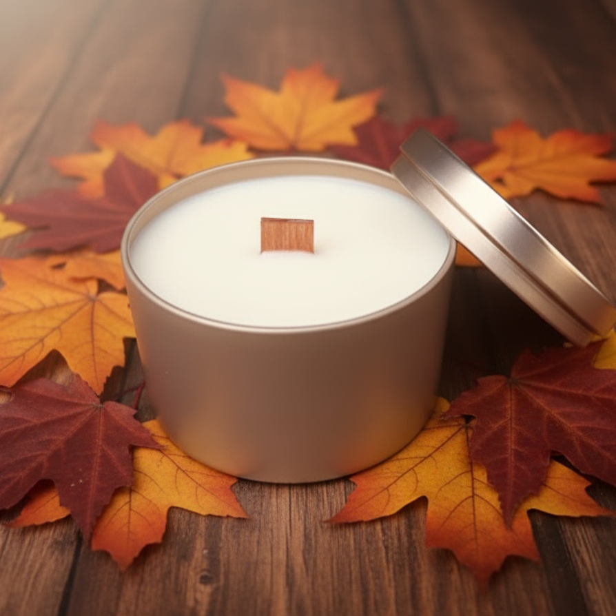 Warm & comforting fresh apples, cinnamon, vanilla & caramel in this hand-poured, wood wick, soy blend candle in a classic rose gold tin for timeless charm. $17.00 USD