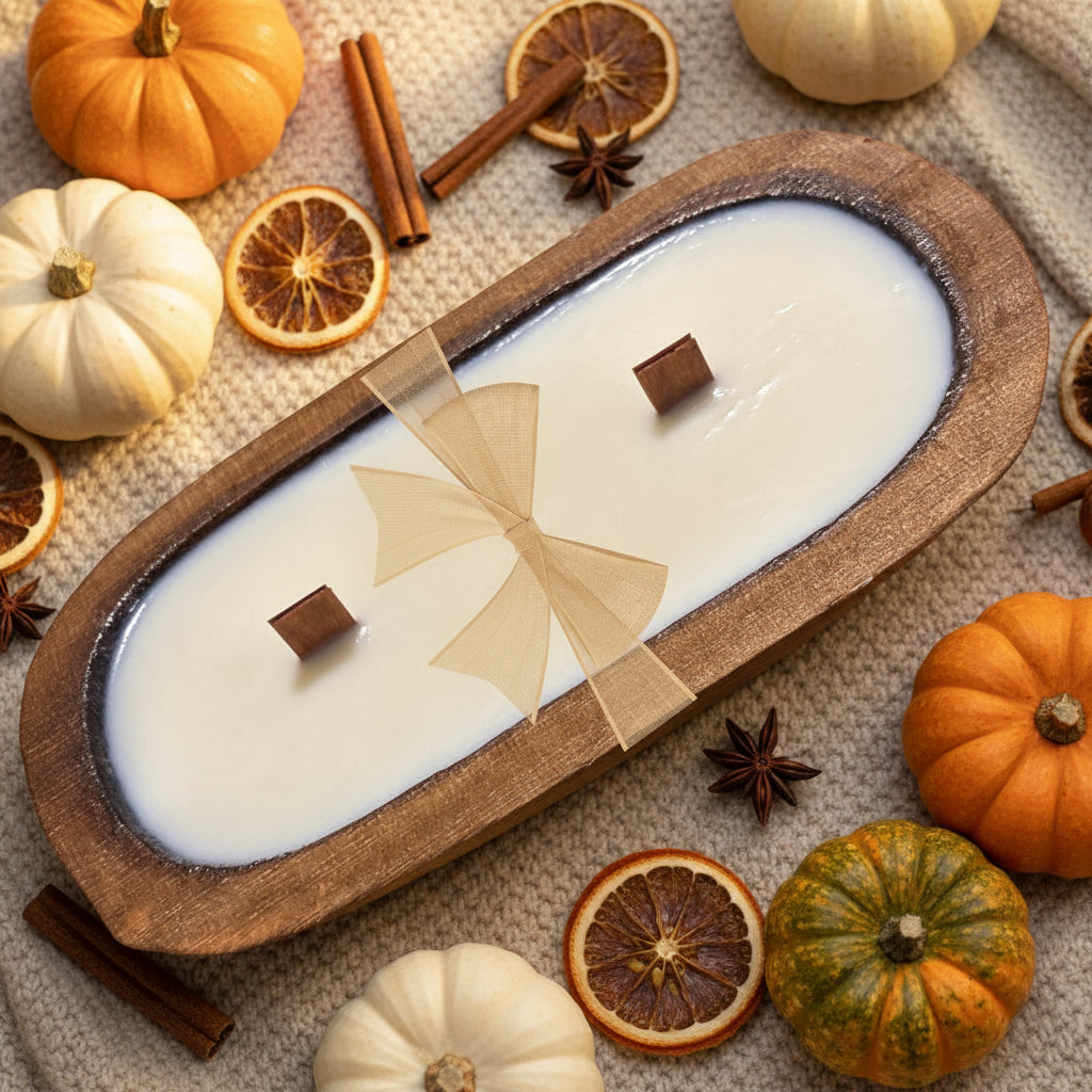 Warm & comforting cinnamon, nutmeg, clove, pumpkin & butterscotch in this hand-poured, wood wick, soy blend candle in a classic dough bowl for timeless charm. $34.00 USD