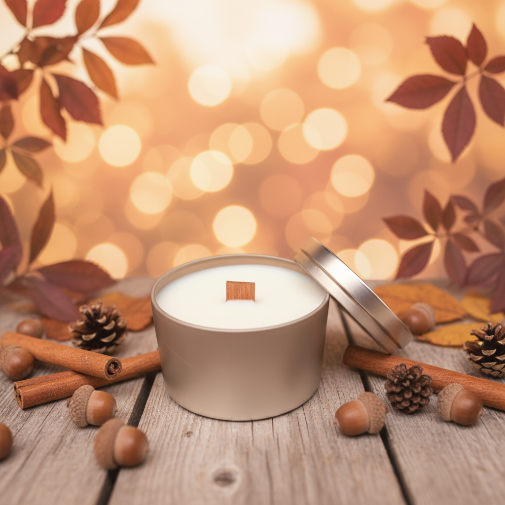 Warm & comforting cinnamon, nutmeg, clove, pumpkin & butterscotch in this hand-poured, wood wick, soy blend candle in a classic rose gold tin for timeless charm. $17.00 USD