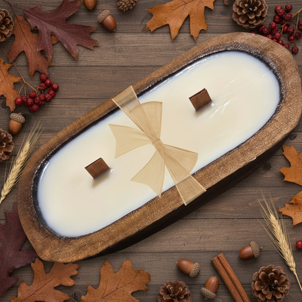 Warm & comforting fresh baked pumpkin tart in this hand-poured, wood wick, soy blend candle housed in a classic dough bowl for timeless charm. $34.00 USD