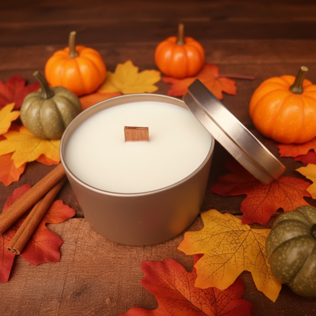 Warm & comforting fresh baked pumpkin tart in this hand-poured, wood wick, soy blend candle housed in a classic rose gold tin for timeless charm. $17.00 USD