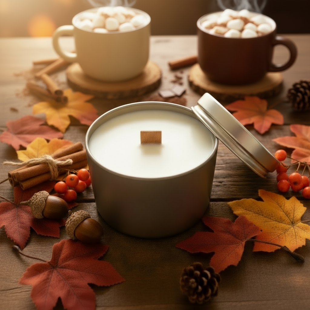 Warm & comforting chocolate, nutmeg & cinnamon spice in this hand-poured, wood wick, soy blend candle in a classic rose gold tin for timeless charm. $17.00 USD