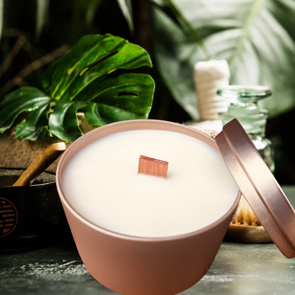 Create your own fragrance layers beautifully in this hand-poured, wood wick, soy blend candle in a classic rose gold tin for timeless charm. $17.00 USD