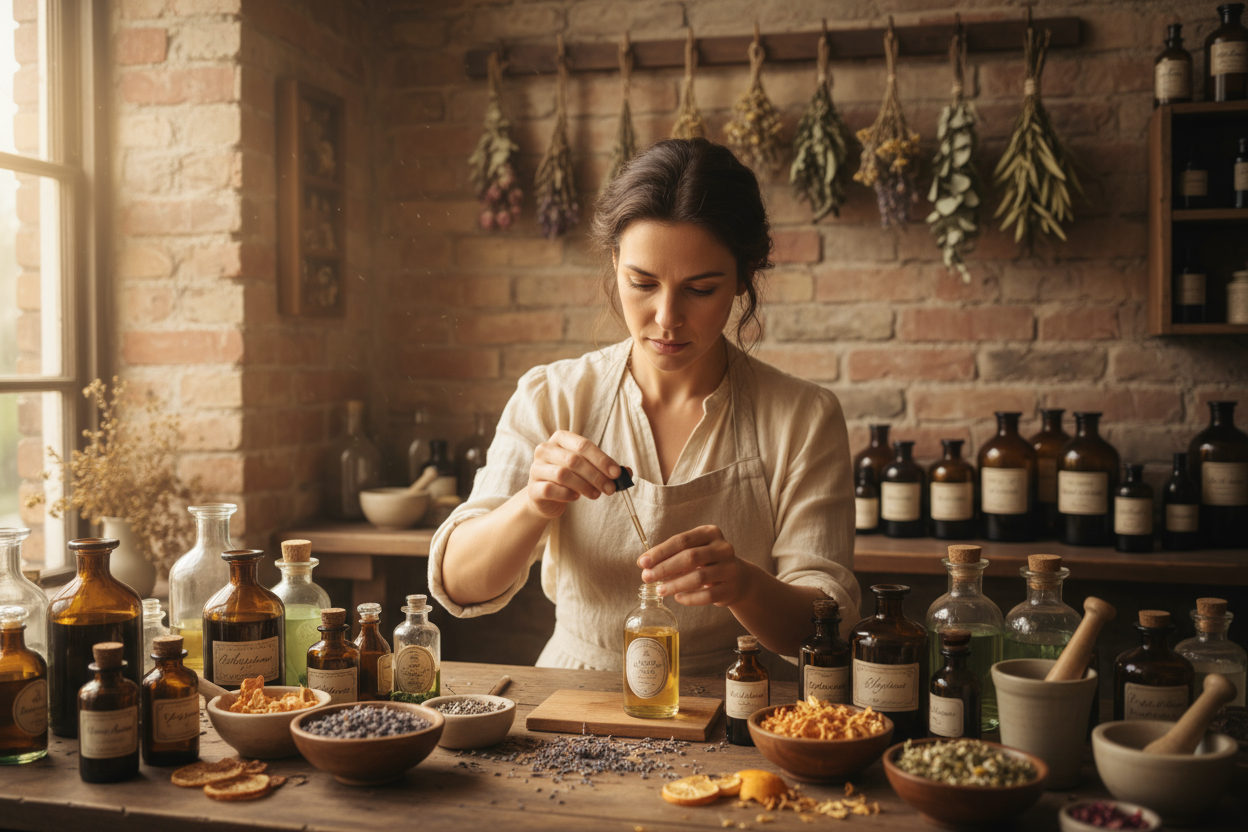 vertical image of woman crafting perfume oil